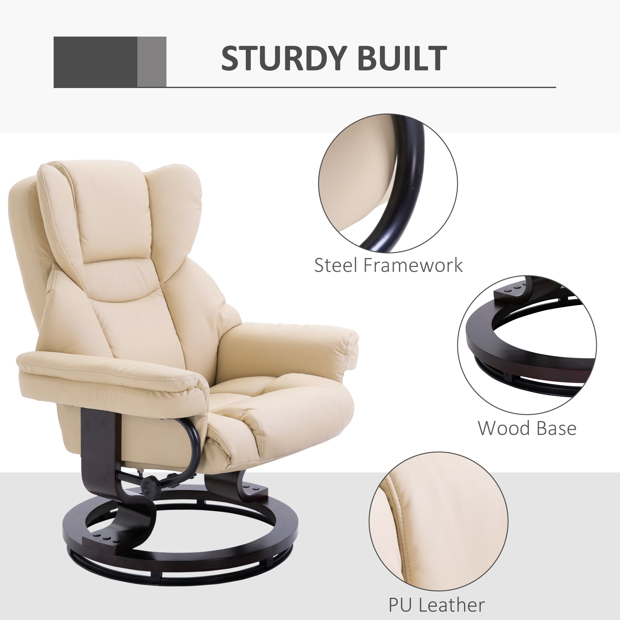 HOMCOM 360° Swivel Recliner Chair with Footstool, PU Leather Manual Recliner Armchair with Solid Wood Base, Upholstered Reclining Chair for Living Room, Bedroom, Office, Cream